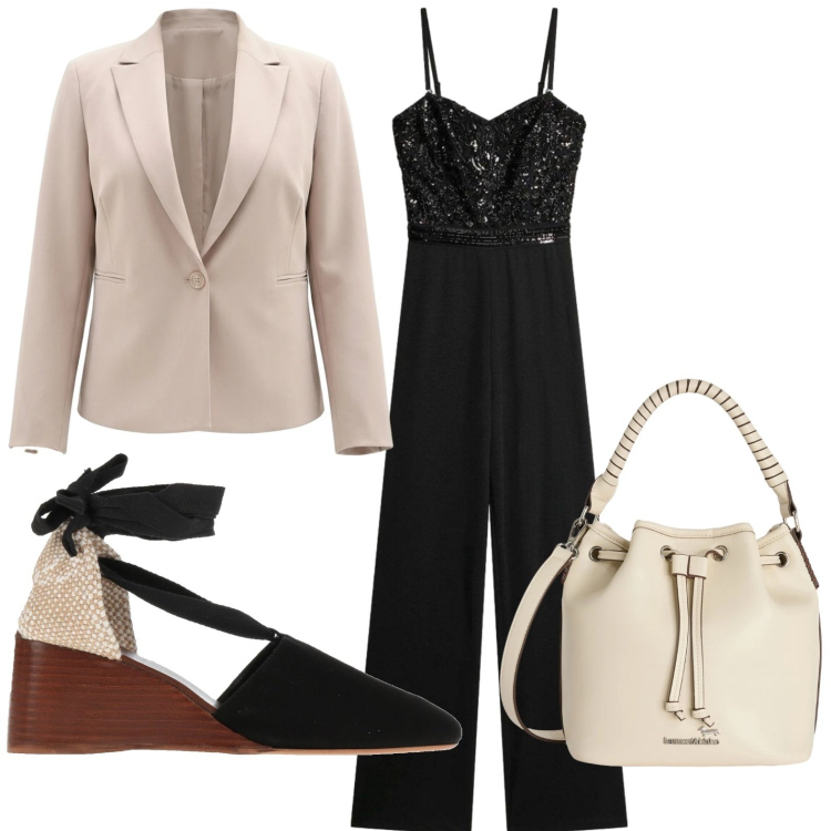 Outfit donna - Tuta elegante. Stile Urban per Serata fuori. Abbinamento con décolleté, tute, blazer, borse a secchiello.