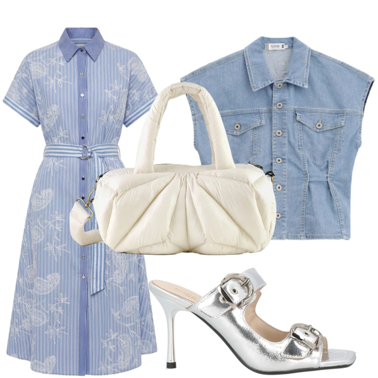 Outfit donna - Giacca in denim. Stile Glamour per Serata fuori. Abbinamento con sandali in pelle, vestiti chemisier, gilet, borse a mano.