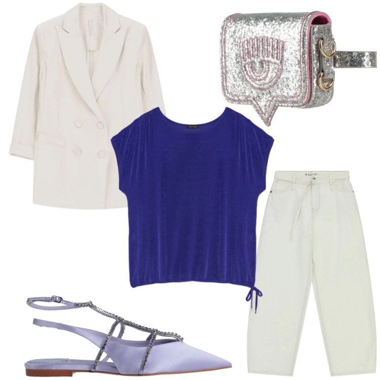 Outfit donna - Ballerine luccicanti. Stile Chic per Serata fuori. Abbinamento con ballerine, marsupi, blazer, jeans, t-shirt.