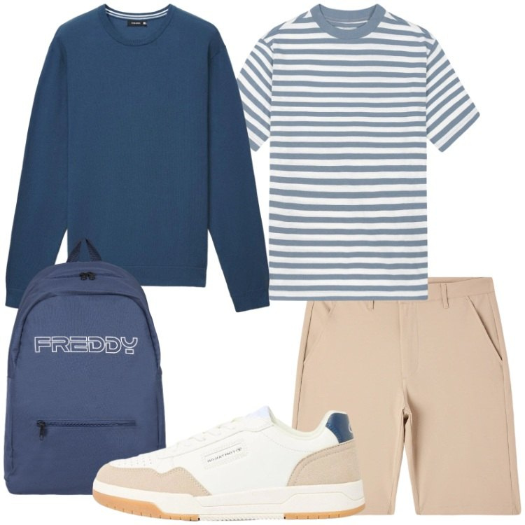 Outfit uomo - Verso l’estate. Stile Casual per Tutti i giorni. Abbinamento con sneakers, shorts, maglieria, borse sportive, t-shirt.
