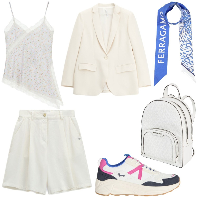 Outfit donna - Completo panna. Stile Casual chic per Ufficio. Abbinamento con zaini, sciarpe, top, blazer, sneakers, bermuda.