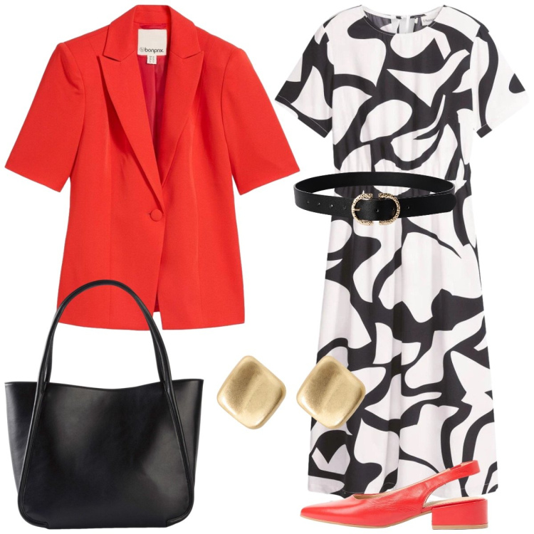 Outfit donna - In città. Stile Casual chic per Tutti i giorni. Abbinamento con vestiti midi/longuette, blazer, shopping bag, décolleté, cinture, orecchini.