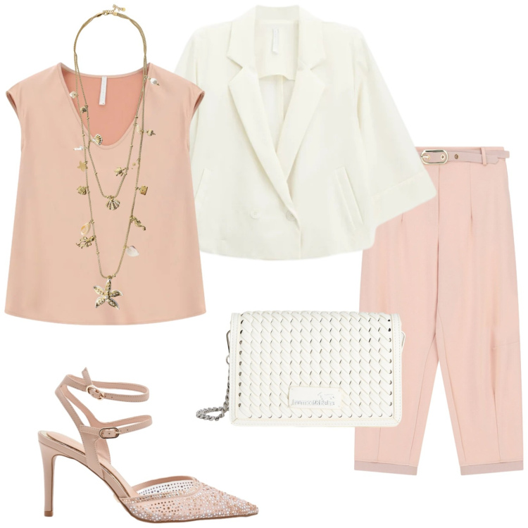 Outfit donna - La comunione di Francesca. Stile Chic per Cerimonia. Abbinamento con décolleté, pantaloni, canottiere, blazer, collane, borse a tracolla.