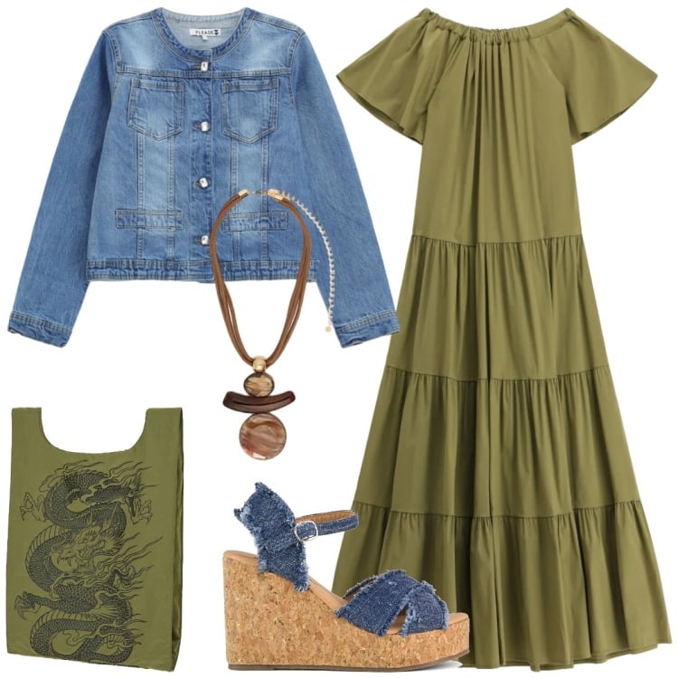 Outfit donna - Voglia d’estate. Stile Boho per Tutti i giorni. Abbinamento con vestiti lunghi, blazer, ciondoli, shopping bag, zeppe.
