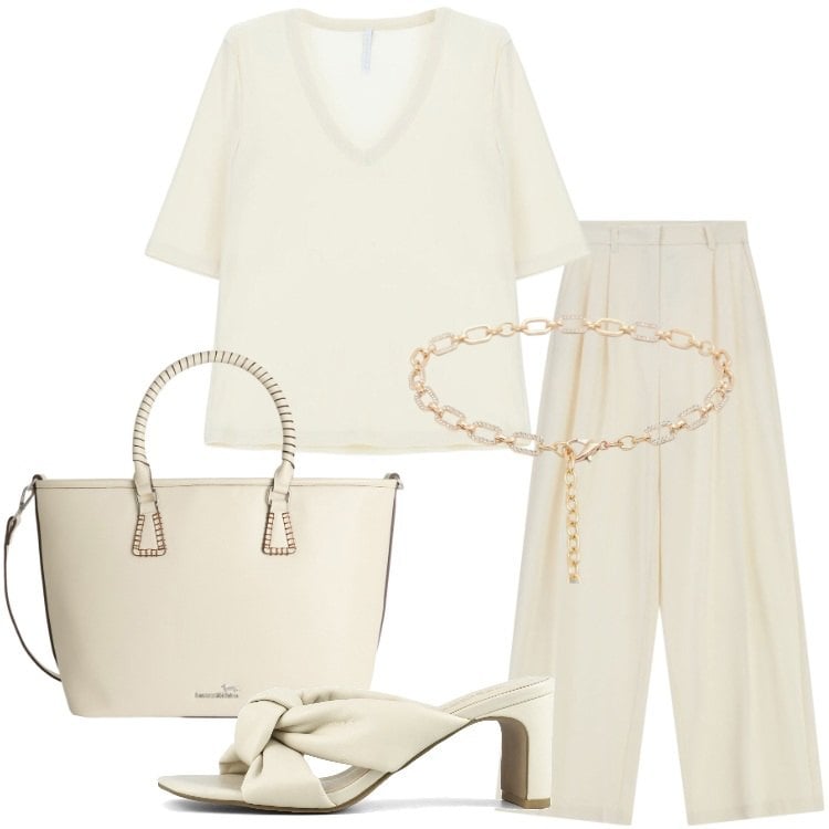 Outfit donna - Toni neutri luminosi. Stile Minimal per Ufficio. Abbinamento con shopping bag, t-shirt, pantaloni a palazzo, cinture, sandali col tacco.