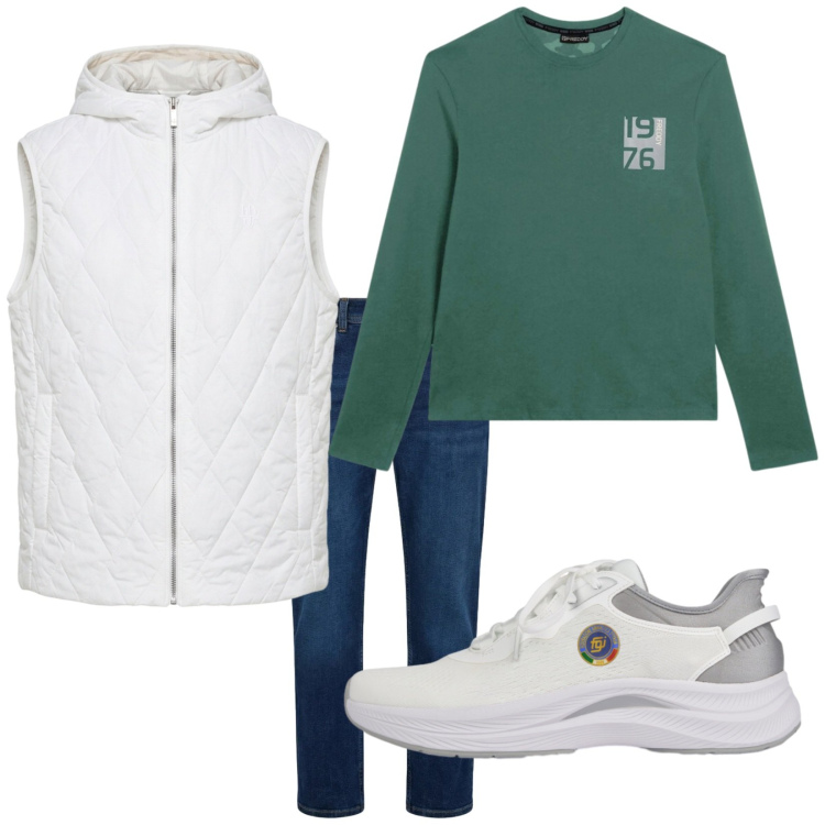 Outfit uomo - Total look #2406933. Stile Casual per Tutti i giorni. Abbinamento con piumini, jeans dritti, t-shirt, scarpe sportive.