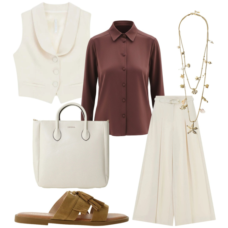 Outfit donna - Total look #2406935. Stile Etnico per Cerimonia. Abbinamento con camicie, pantaloni a palazzo, sandali, borse a tracolla, gilet, collane.