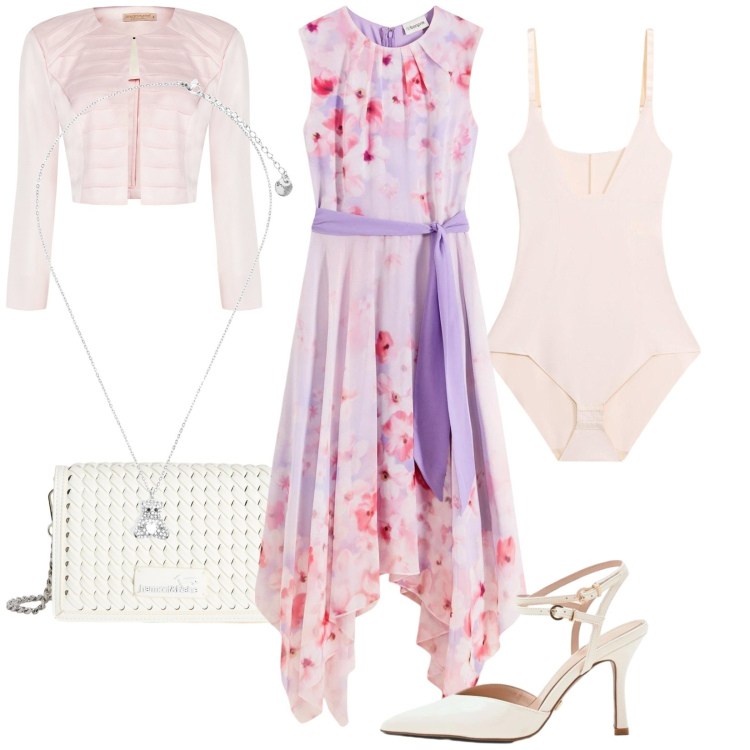 Outfit donna - Fiori di primavera. Stile Romantica per Cerimonia. Abbinamento con vestiti, body, décolleté, bolero, borse a tracolla, ciondoli.