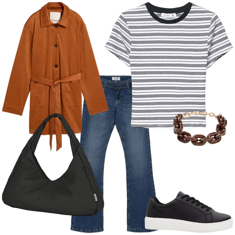 Outfit donna - Uno stile Urban. Stile Urban per Tutti i giorni. Abbinamento con trench, braccialetti, sneakers, t-shirt, jeans a zampa, borse a spalla.