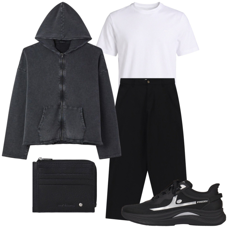 Outfit uomo - Relax. Stile Casual per Tutti i giorni. Abbinamento con felpe con cappuccio, pantaloni, portafogli, t-shirt, sneakers.