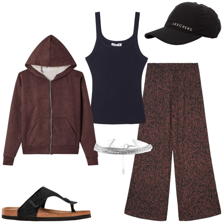 Outfit donna - Trendy e comodo. Stile Trendy per Tutti i giorni. Abbinamento con infradito, cappelli con visiera, felpe con cappuccio, canottiere, pantaloni, braccialetti.