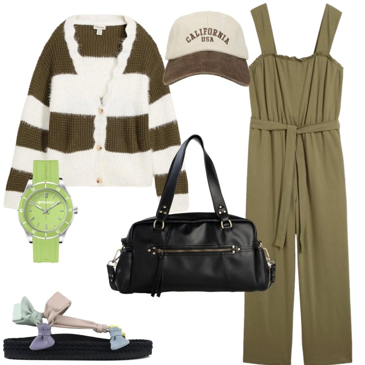Outfit donna - Casual. Stile Casual per Tutti i giorni. Abbinamento con cardigans, tute, borse a mano, cappelli con visiera, orologi, sandali.