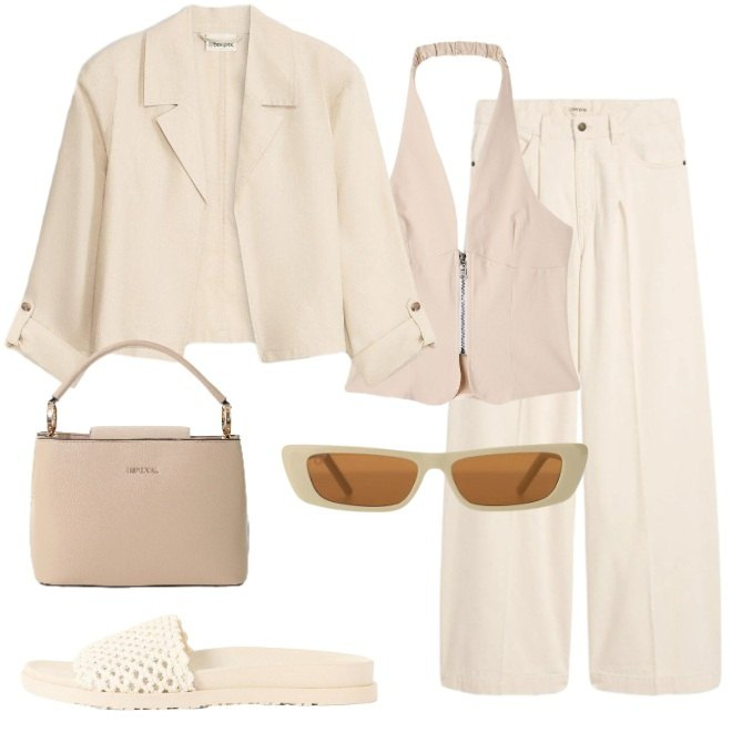 Outfit donna - In chiaro per la gita con le amiche. Stile Casual chic per Tutti i giorni. Abbinamento con jeans, blazer, ciabatte, top, occhiali da sole, borse a secchiello.