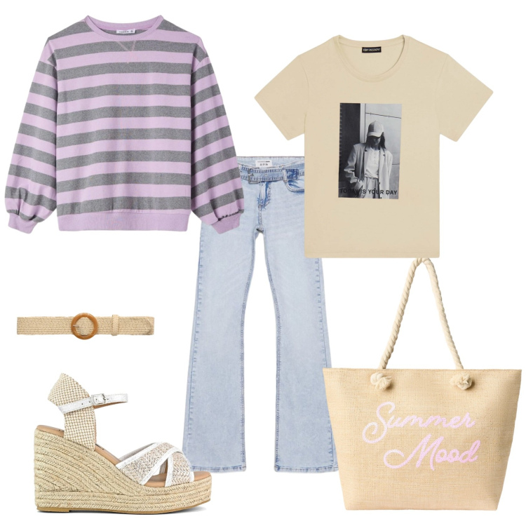 Outfit donna - Total look #2406952. Stile Casual per Tutti i giorni. Abbinamento con borse tote, jeans a zampa, cinture, t-shirt, t-shirt, zeppe.