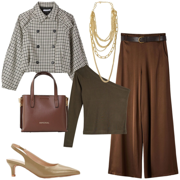 Outfit donna - Total look #2406956. Stile Glamour per Serata fuori. Abbinamento con décolleté, caban, t-shirt, pantaloni, borse a tracolla, collane.
