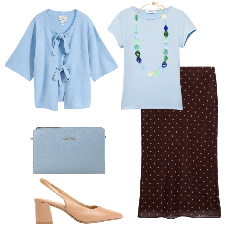 Outfit donna - Total look #2406958. Stile Bon Ton per Ufficio. Abbinamento con décolleté, cardigans, gonne lunghe, t-shirt, borse a tracolla, collane.