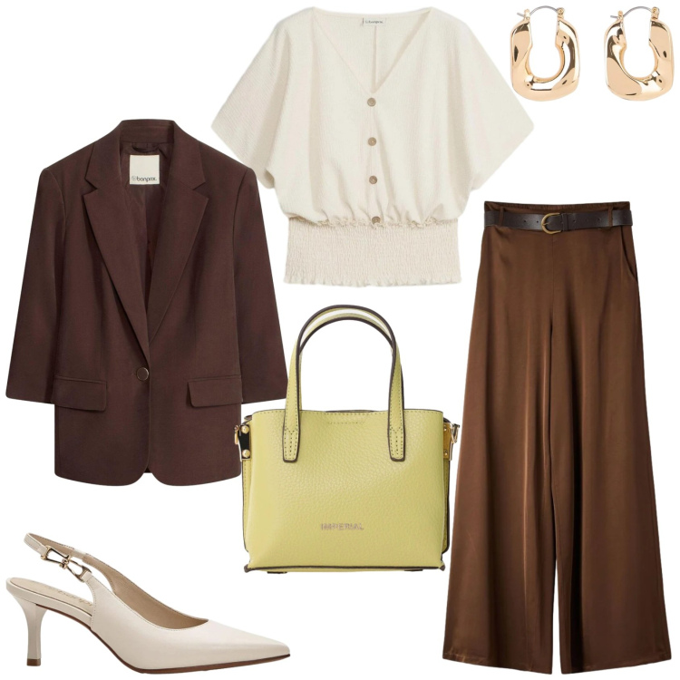 Outfit donna - Un outfit da ufficio in primavera. Stile Chic per Ufficio. Abbinamento con bluse, décolleté, orecchini, blazer, pantaloni, borse a tracolla.