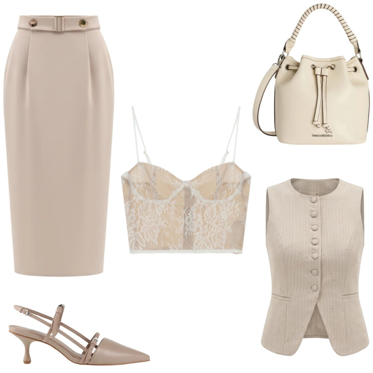 Outfit donna - Look semplice ma d \' effetto. Stile Chic per Tutti i giorni. Abbinamento con décolleté, gilet, gonne longuette, canottiere, borse a secchiello.