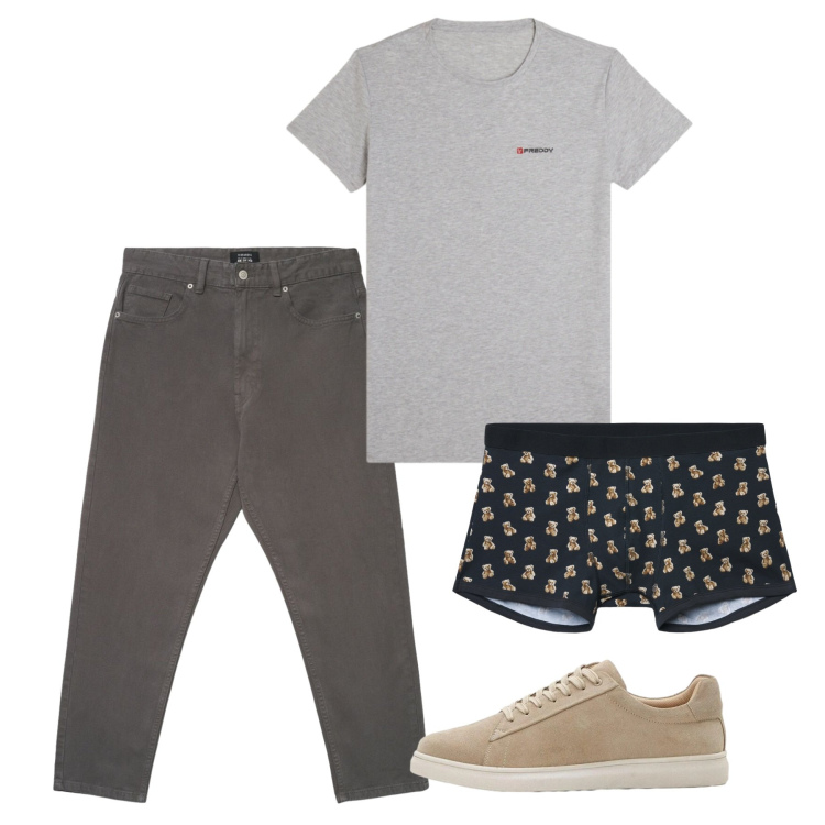 Outfit uomo - Maggio. Stile Urban per Tutti i giorni. Abbinamento con sneakers, pantaloni, boxer, t-shirt.
