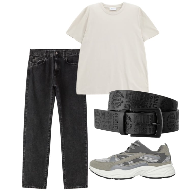 Outfit uomo - Maggio. Stile Casual per Tutti i giorni. Abbinamento con cinture, sneakers, jeans dritti, t-shirt.