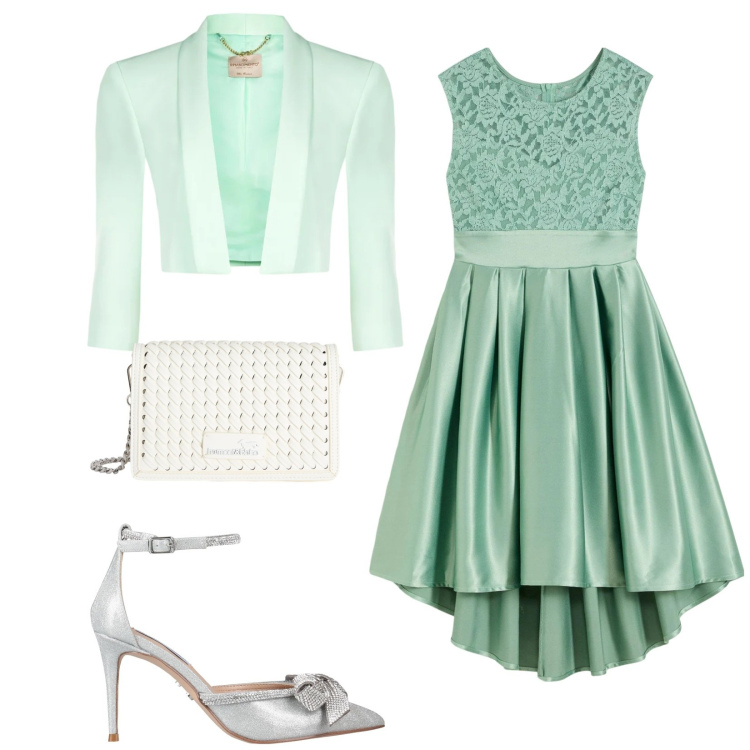 Outfit donna - Total look #2406975. Stile Glamour per Cerimonia. Abbinamento con décolleté, vestiti asimmetrici, bolero, borse a tracolla.