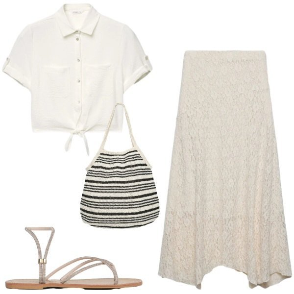 Outfit donna - spensierata. Stile Boho per Tutti i giorni. Abbinamento con gonne lunghe, camicie a manica corta, shopping bag, sandali.