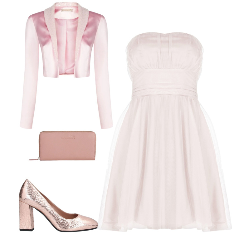 Outfit donna - Total look #2406980. Stile Romantica per Cerimonia. Abbinamento con décolleté, vestiti corti, bolero, portafogli.