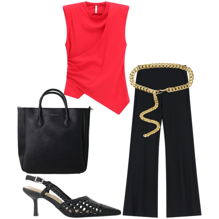 Outfit donna - Rosso e nero. Stile Chic per Tutti i giorni. Abbinamento con top, pantaloni, borse a tracolla, décolleté, cinture.