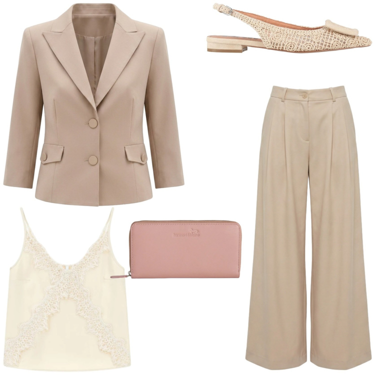 Outfit donna - Look coloniale. Stile Chic per Tutti i giorni. Abbinamento con ballerine, blazer, canottiere, pantaloni, portafogli.