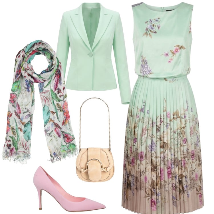 Outfit donna - Total look #2406986. Stile Romantica per Cerimonia. Abbinamento con marsupi, décolleté, sciarpe, vestiti midi/longuette, blazer.
