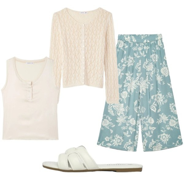 Outfit donna - boho romantico. Stile Boho per Tutti i giorni. Abbinamento con pantaloni a palazzo, cardigans, ciabatte, canottiere.