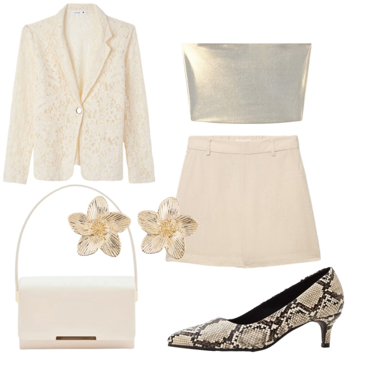Outfit donna - Luce!. Stile Glamour per Serata fuori. Abbinamento con décolleté, orecchini, top, blazer, shorts, pochette.