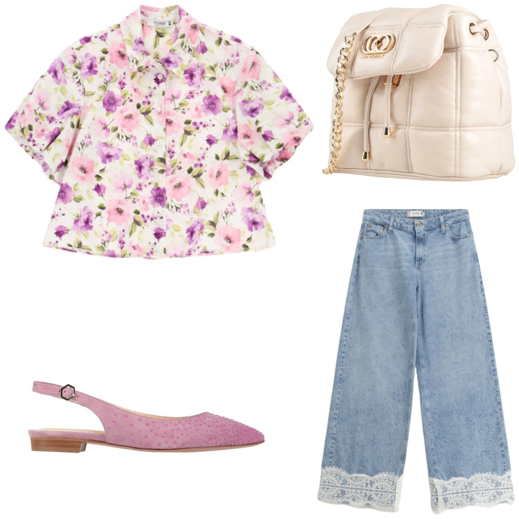 Outfit donna - Look giovane e romantico. Stile Casual chic per Tutti i giorni. Abbinamento con ballerine, valigie, jeans, camicie a manica corta.