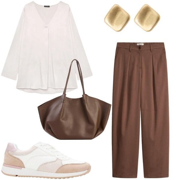 Outfit donna - crema e cioccolato. Stile Sporty chic per Ufficio. Abbinamento con pantaloni, shopping bag, sneakers, orecchini, bluse.