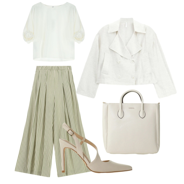 Outfit donna - Riunione in imperial. Stile Casual chic per Ufficio. Abbinamento con pantaloni a palazzo, bluse, blazer, décolleté, borse a tracolla.