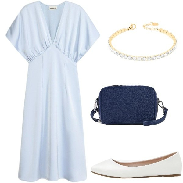 Outfit donna - Serata fuori. Stile Chic per Serata fuori. Abbinamento con vestiti midi/longuette, ballerine, borse a tracolla, braccialetti.