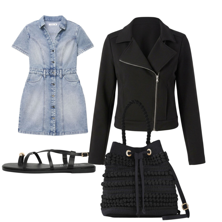 Outfit donna - Abitino denim. Stile Casual per Serata fuori. Abbinamento con borse a secchiello, vestiti corti, giacche, sandali.