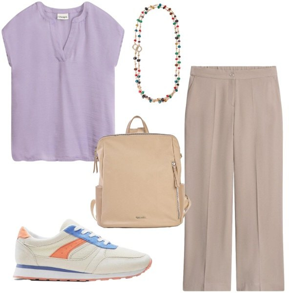Outfit donna - malva e sabbia. Stile Sporty chic per Ufficio. Abbinamento con bluse, pantaloni, sneakers, zaini, collane.