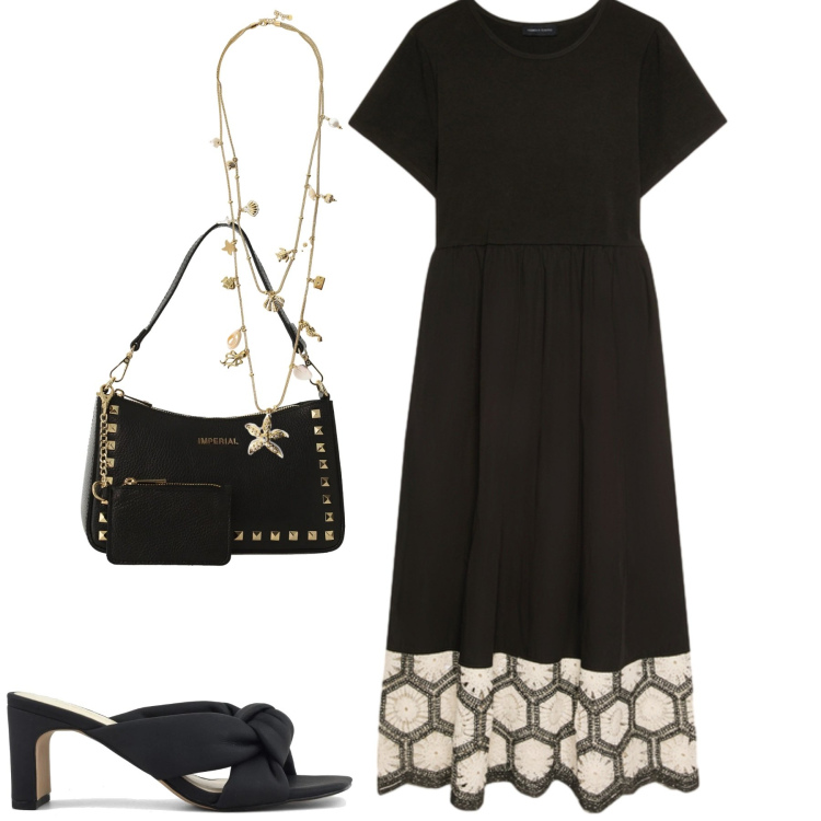 Outfit donna - Fiorella Rubino. Stile Casual chic per Tutti i giorni. Abbinamento con borse a spalla, collane, vestiti lunghi, sandali col tacco.