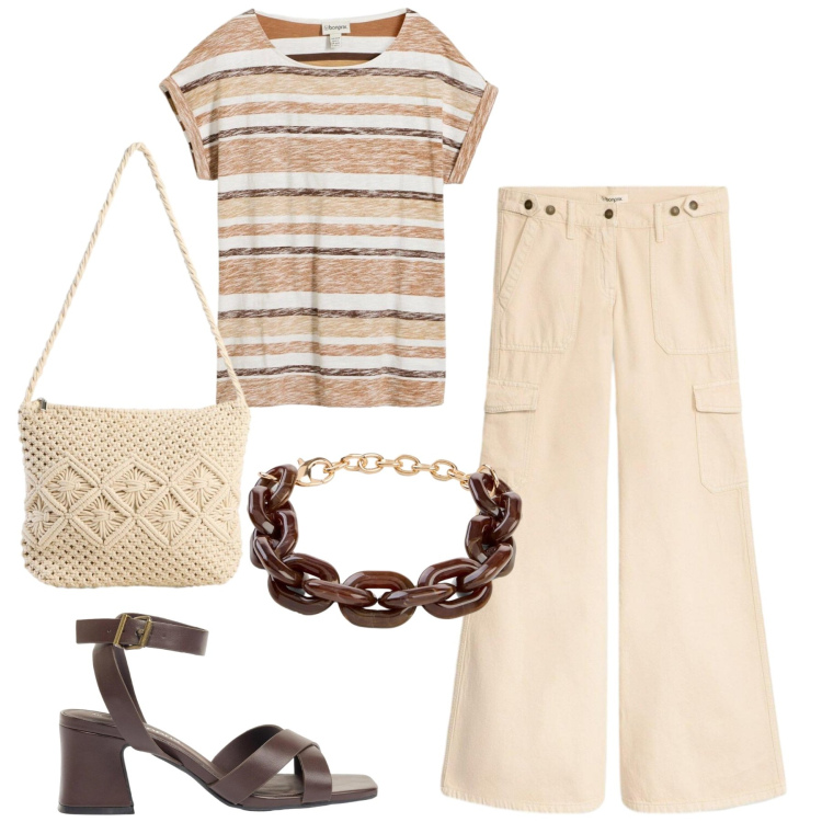 Outfit donna - Maggio. Stile Urban per Tutti i giorni. Abbinamento con borse a tracolla, t-shirt, pantaloni cargo, sandali col tacco, braccialetti.