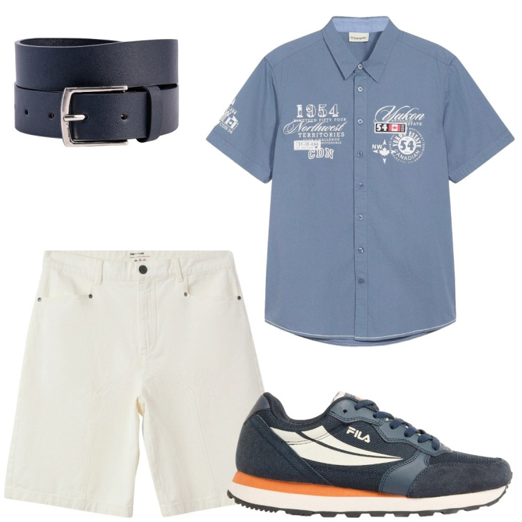 Outfit uomo - Estate. Stile Casual per Tutti i giorni. Abbinamento con sneakers, camicie a manica corta, bermuda, cinture.