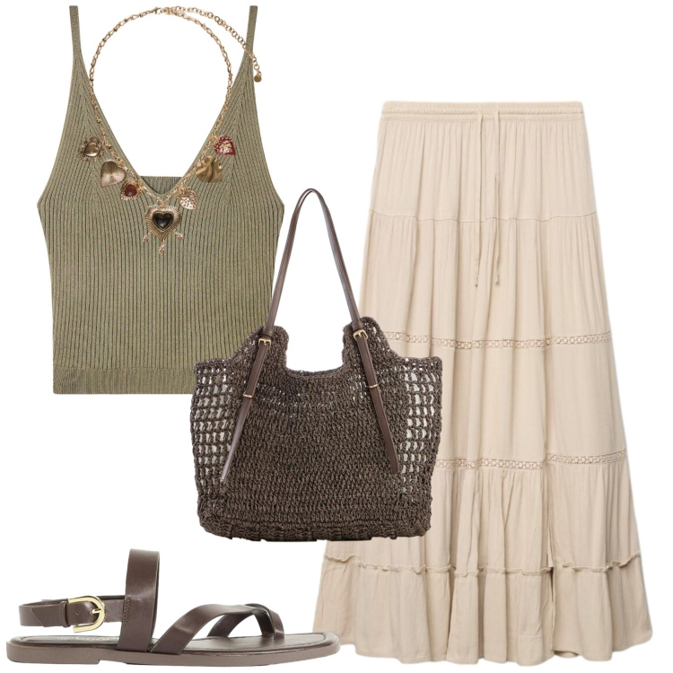 Outfit donna - Summer. Stile Boho per Tutti i giorni. Abbinamento con sandali, shopping bag, top, gonne lunghe, collane.