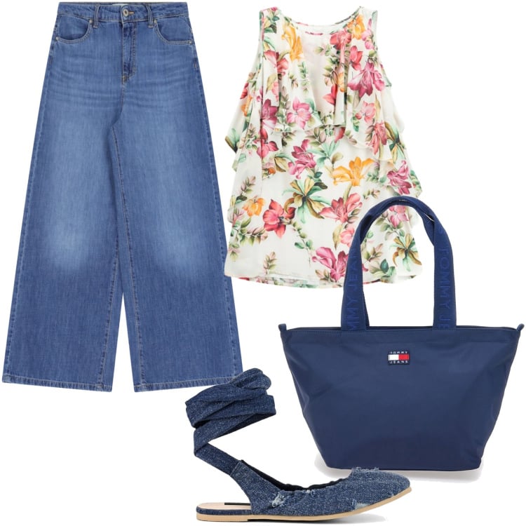 Outfit donna - Maggio in ballerine. Stile Romantica per Tutti i giorni. Abbinamento con vestiti corti, pantaloni a palazzo, ballerine, borse tote.