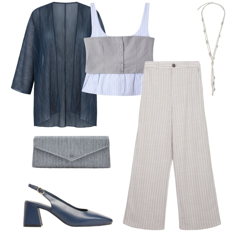 Outfit donna - Total look #2407048. Stile Chic per Cerimonia. Abbinamento con décolleté, pantaloni, top, pochette, collane, blazer.