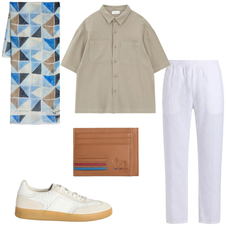 Outfit uomo - Total look #2407049. Stile Trendy per Tutti i giorni. Abbinamento con camicie a manica corta, sneakers, sciarpe, portafogli, pantaloni.
