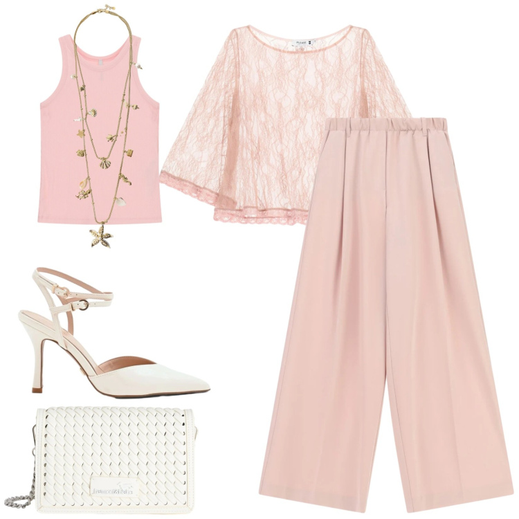 Outfit donna - Total look #2407052. Stile Chic per Serata fuori. Abbinamento con décolleté, pantaloni a palazzo, canottiere, collane, borse a tracolla, top.