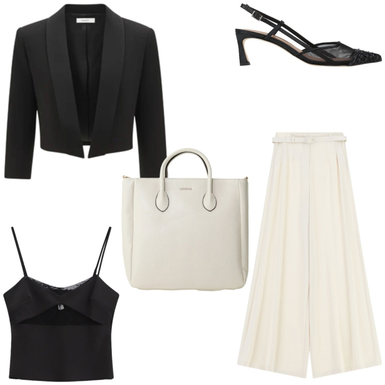 Outfit donna - Quiet luxury. Stile Chic per Tutti i giorni. Abbinamento con décolleté, bolero, canottiere, borse a tracolla, pantaloni a palazzo.