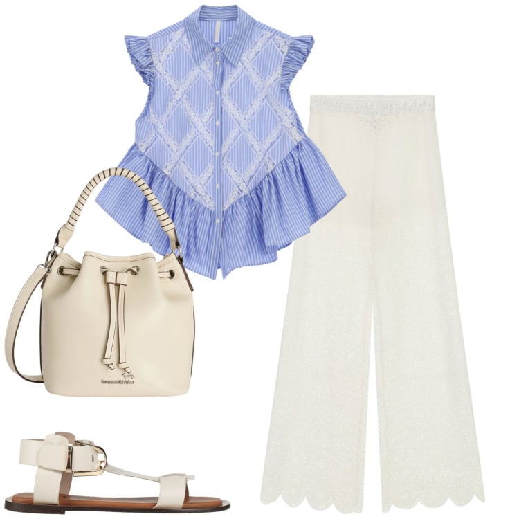 Outfit donna - Summer. Stile Casual chic per Tutti i giorni. Abbinamento con sandali alla schiava, camicie a manica corta, borse a secchiello, pantaloni a palazzo.