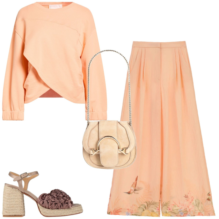 Outfit donna - Maggio. Stile Romantica per Tutti i giorni. Abbinamento con felpe, espadrillas, marsupi, pantaloni a palazzo.