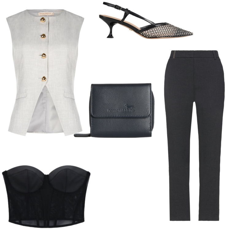 Outfit donna - Grigio e nero sofisticato. Stile Chic per Tutti i giorni. Abbinamento con décolleté, pantaloni, gilet, top, portafogli.